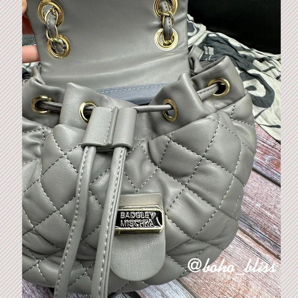 BADGLEY MISCHKA | Quilted Gray Drawstring Mini Backpack NWT